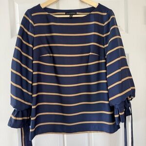 Banana Republic Navy and Golden Tan Striped Bow Sleeve Blouse Size Small